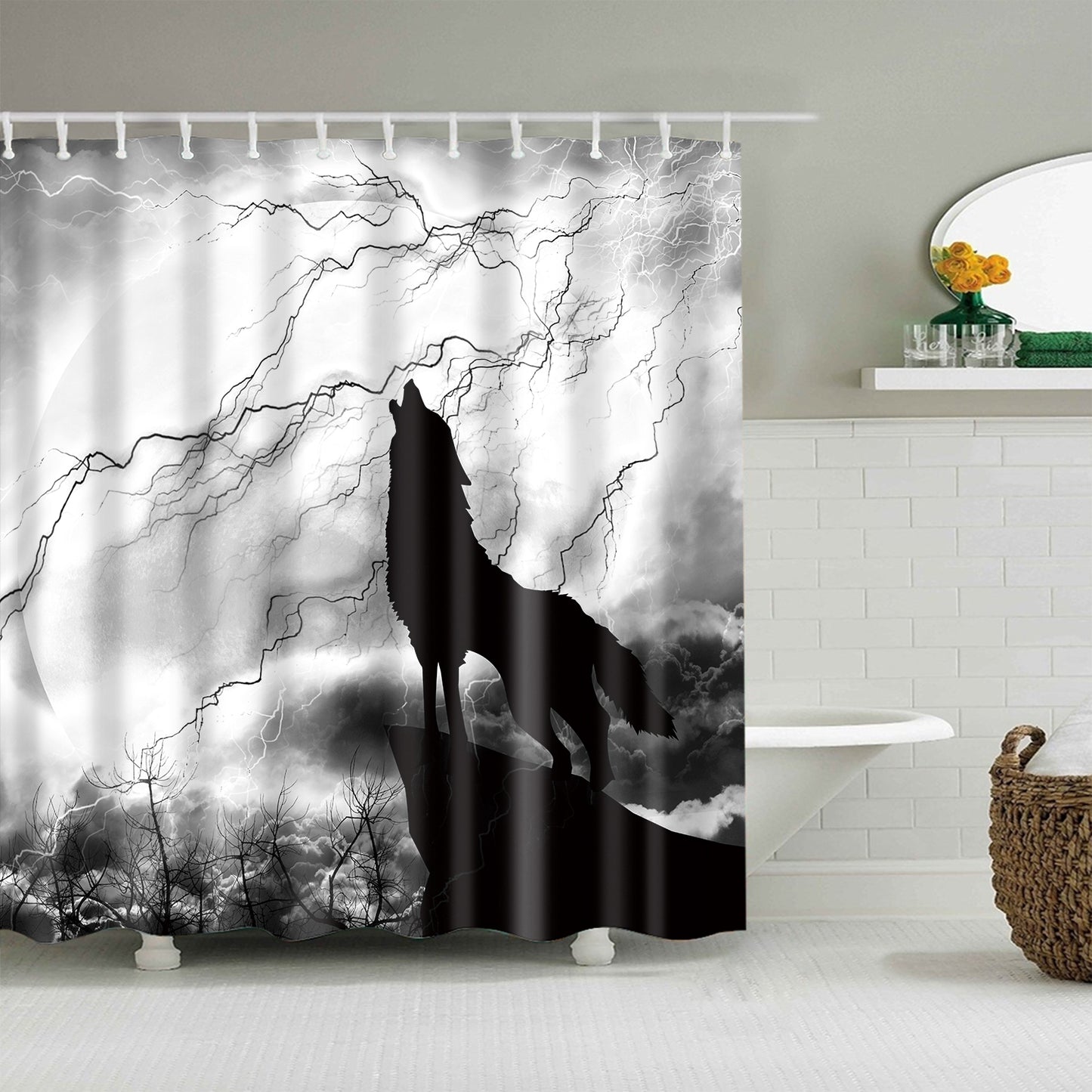Black White Monochrome Art Thunder Sky with Wolf Howling Shower Curtain