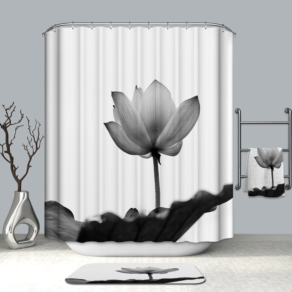 Black and White Portrait Water Lily Lotus Flower Shower Curtain