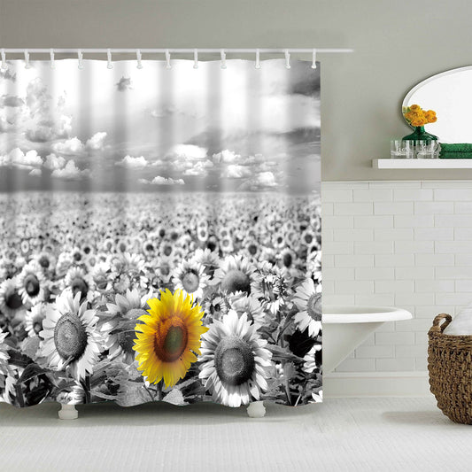 Black and White Single Primitive Yellow Sunflower Shower Curtain