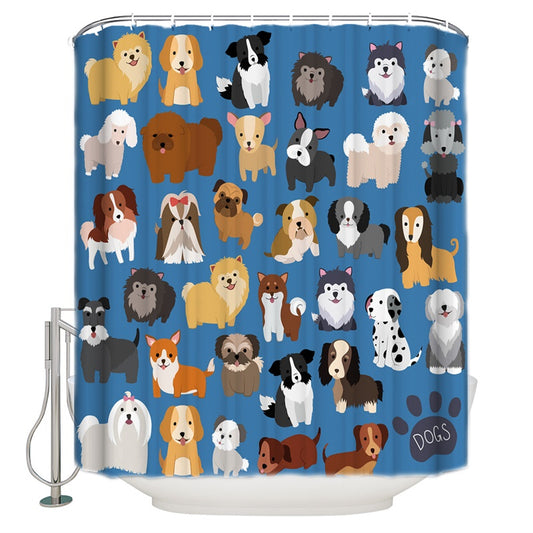 Blue Backdrop Cute Cartoon Dog Breed Shower Curtain