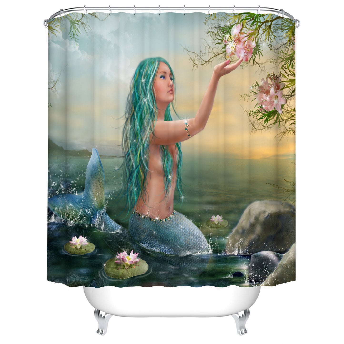 Blue Hair with Zen Style Lotus Coastal Mermaid Shower Curtain