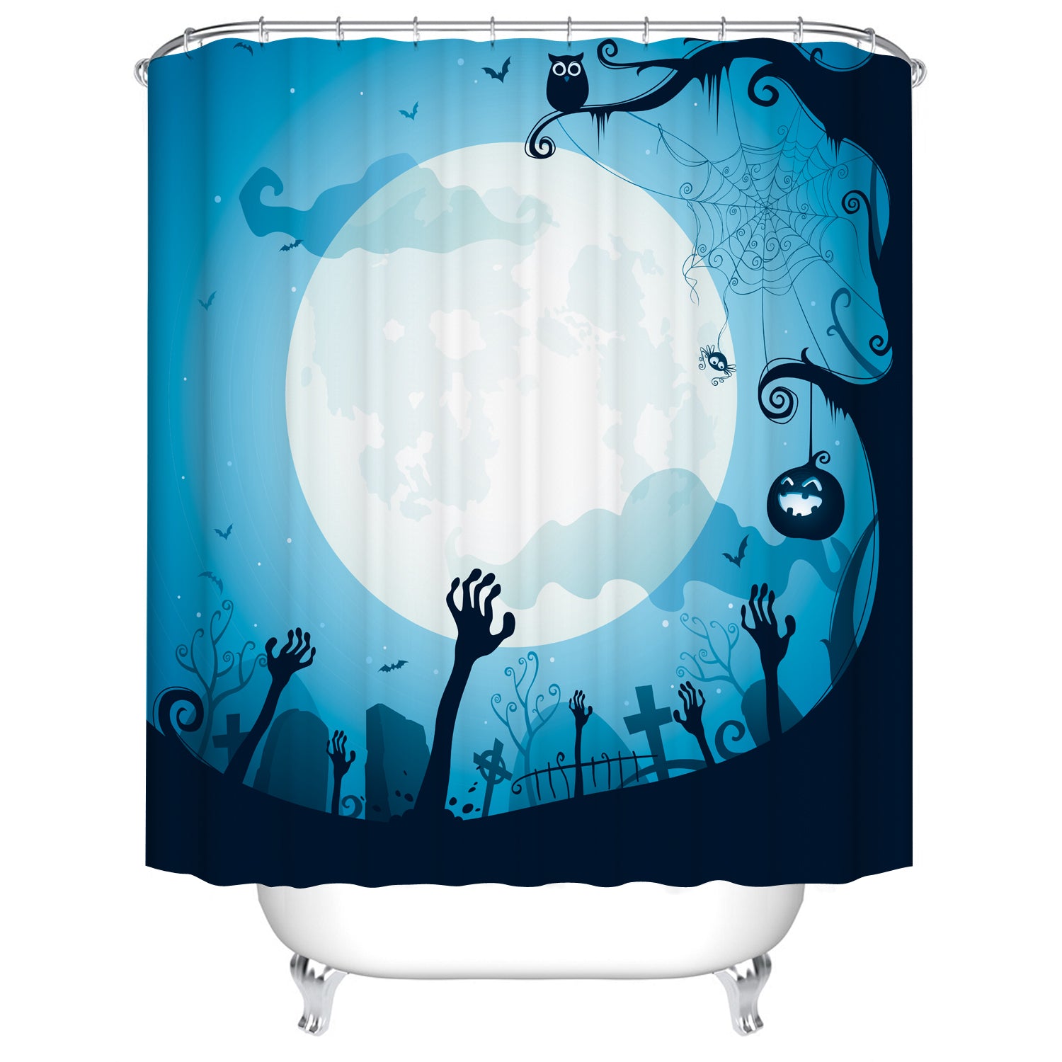 Blue Moonlight with Full Moon at Graveyard Horror Halloween Night Shower Curtain