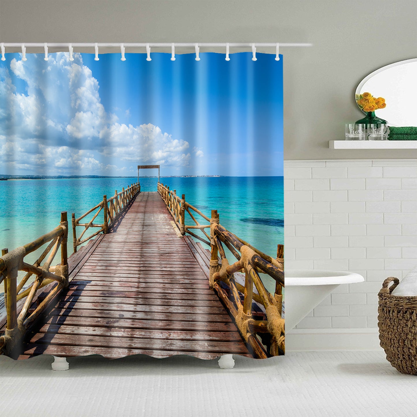 Blue Sea Sky Pier Wooden Boardwalk Shower Curtain