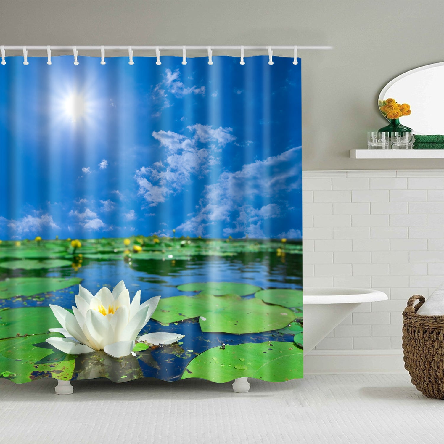 Blue Sky Sunshine Zen Lake Pond Beautiful Water Lily Shower Curtain