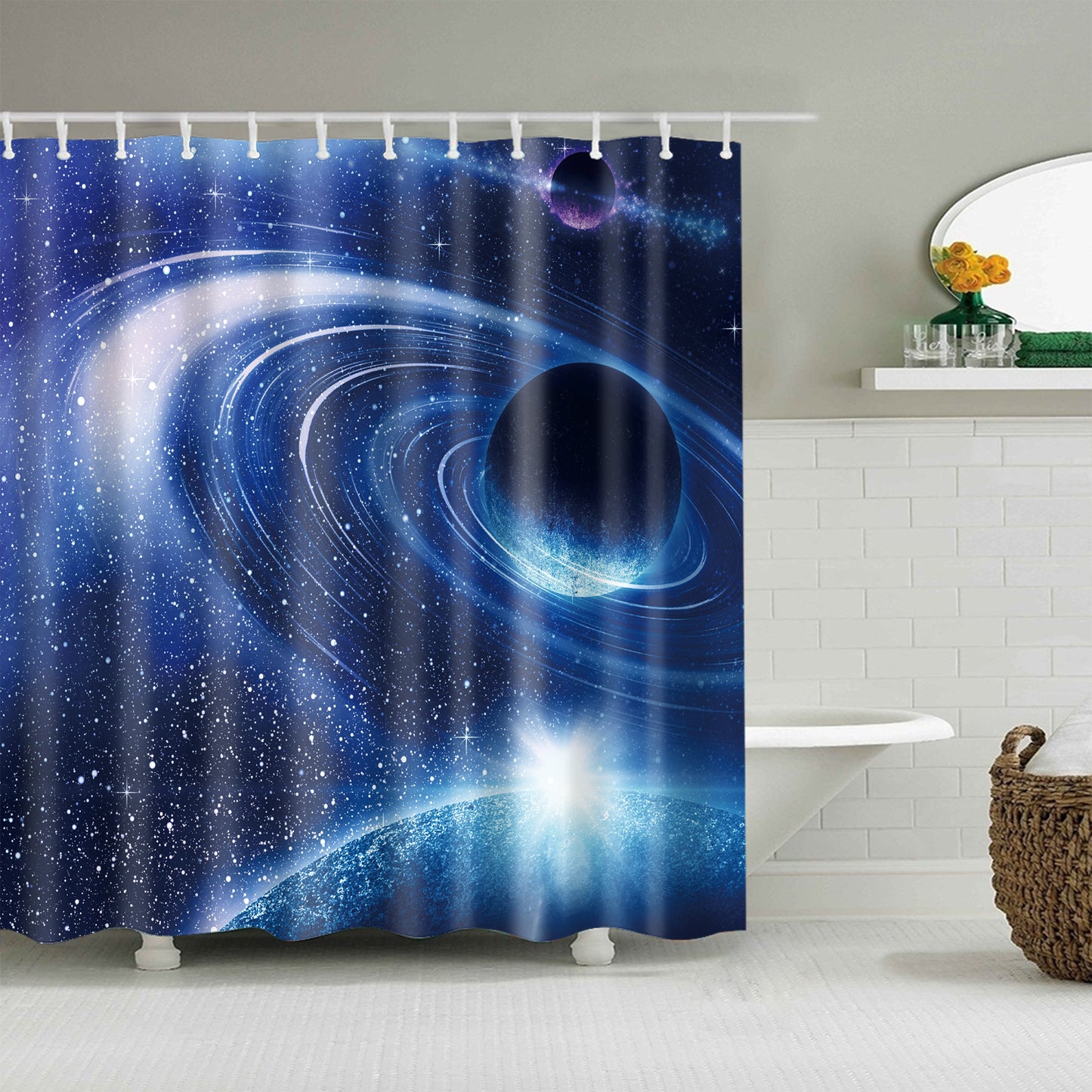 Blue Universe Star Galaxy Planet with Sunrise Shower Curtain