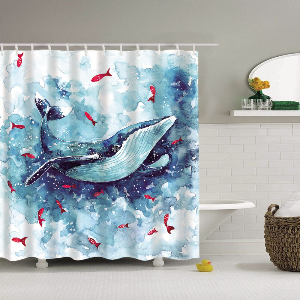 Blue Whale Shower Curtain Watercolor Ocean Red Fish Around