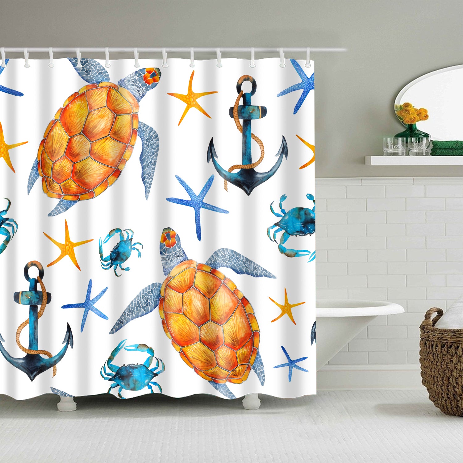 Blue Anchor Shading Sea Creatures Sea Turtle Seashore Shower Curtain