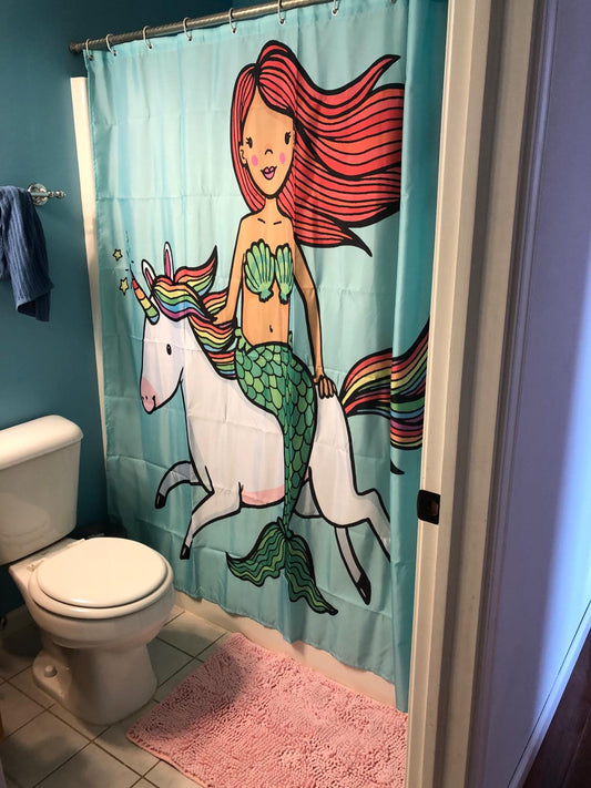 Blue Backdrop Cartoon Mermaid Unicorn Shower Curtain