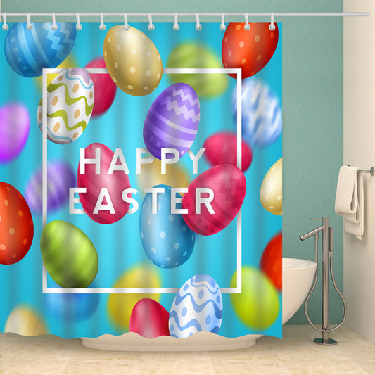 Blue Backdrop Colorful Eggs Greeting Easter Holiday Shower Curtain