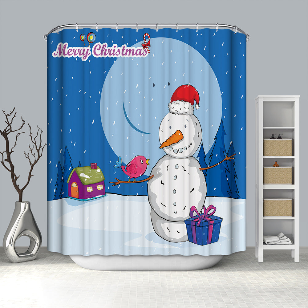 Blue Big Moon with Snowman and Cardinal Bird Shower Curtain