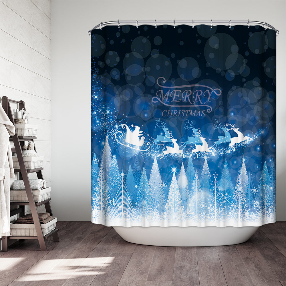 Blue Christmas Moose Sleigh Shower Curtain