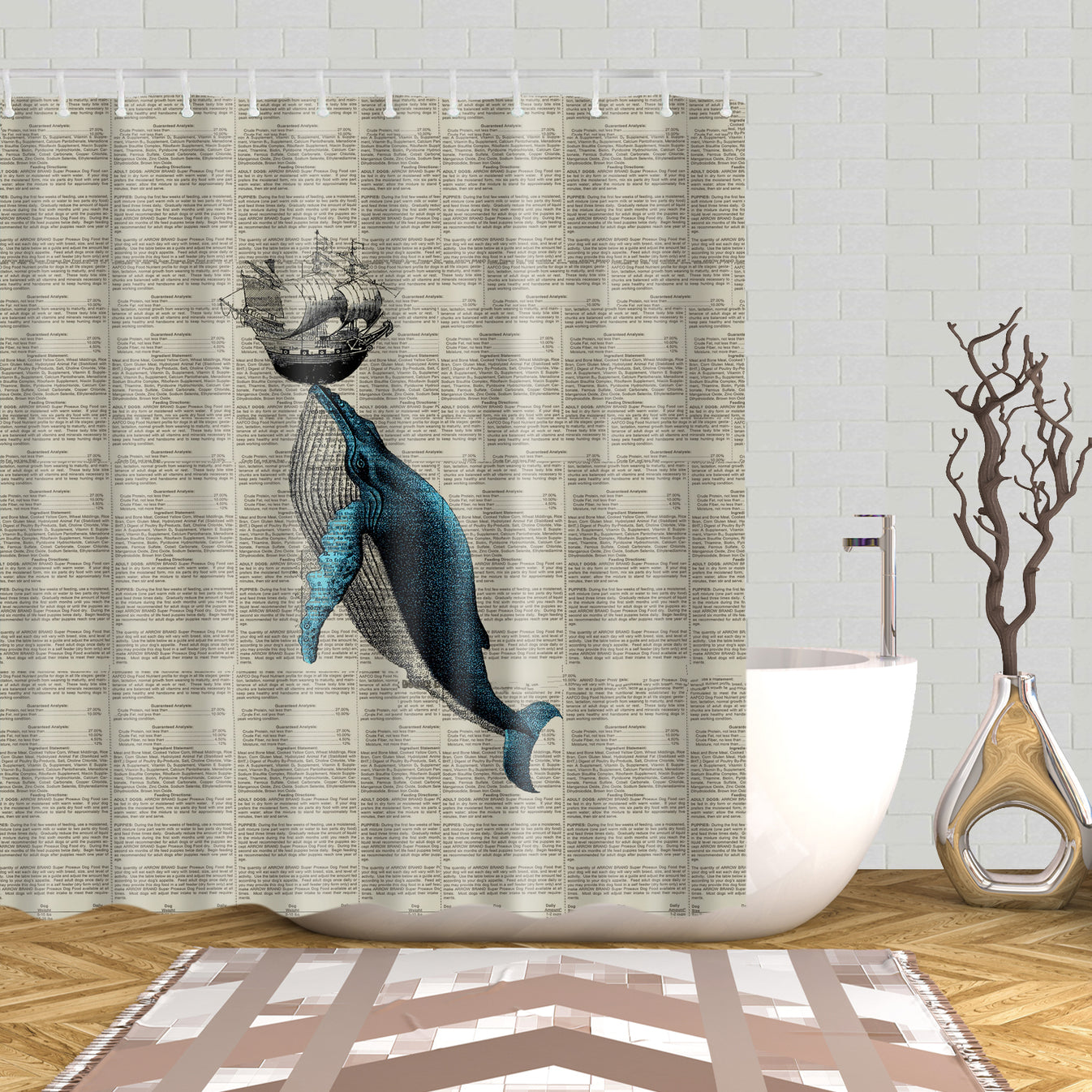 Navy Humpback Whale Shower Curtain, Hit Boat, Newspaper Backdrop ...