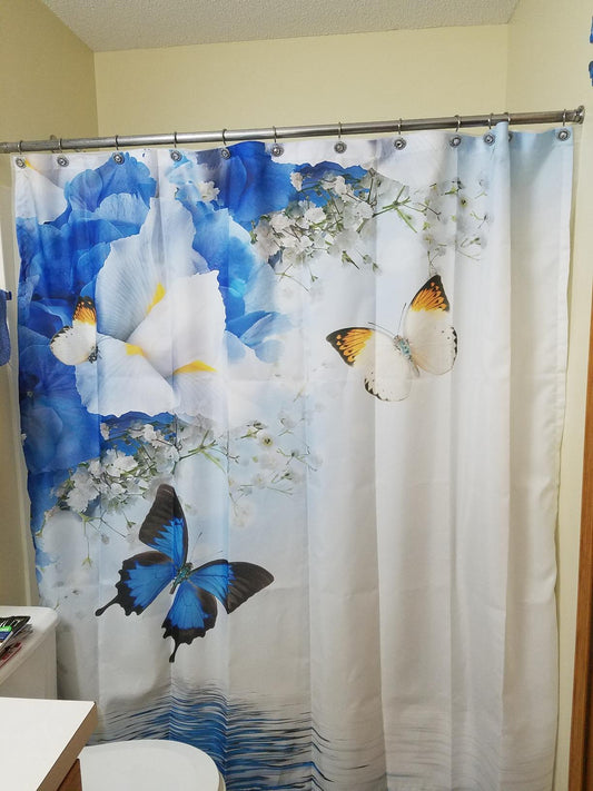 Blue Butterfly Over Water Shower Curtain Set - 4 Pcs