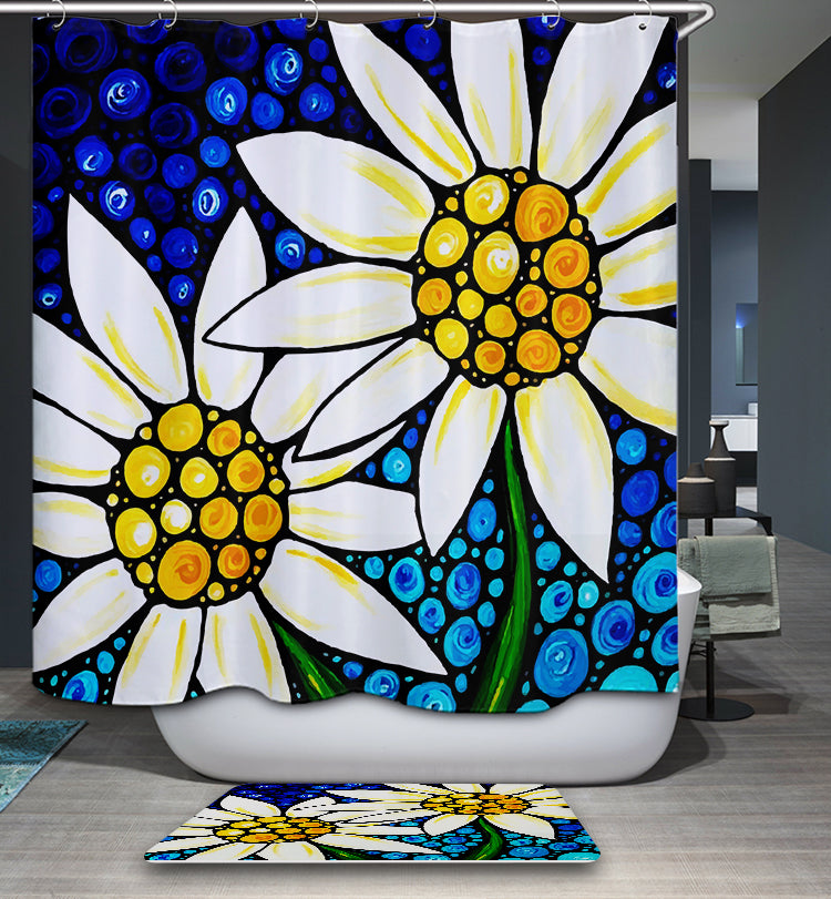 Blue Mosaic Backdrop White Daisies Painting Shower Curtain
