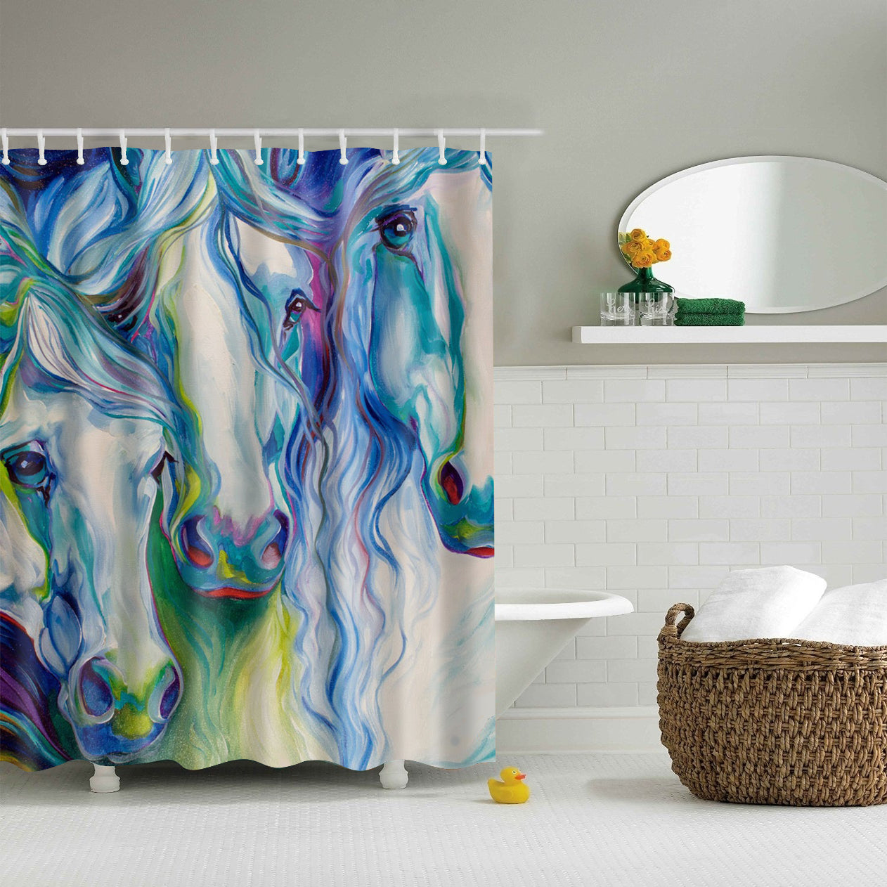 Blue Three Horse Art Shower Curtain | GoJeek