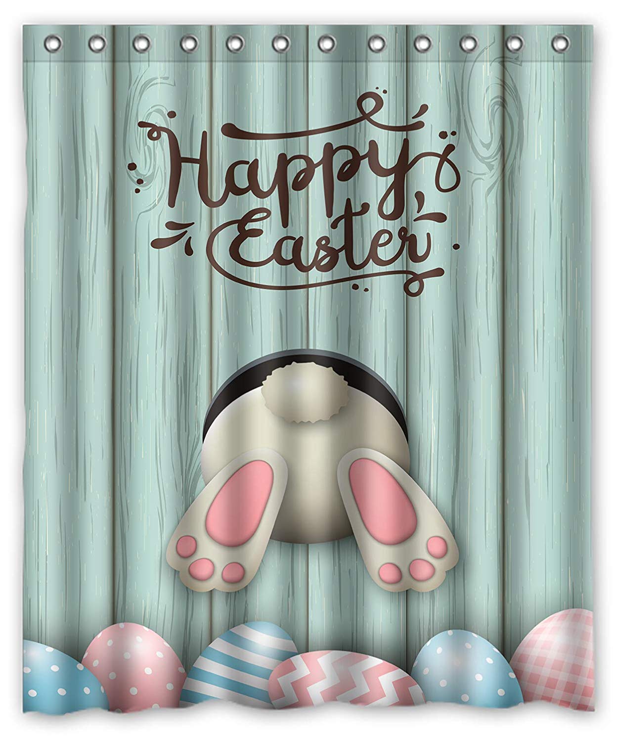 Blue Wooden Door Hole Bunny Easter Shower Curtain