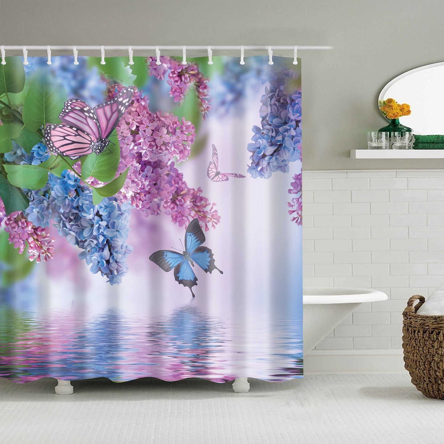 Blue and Pink Violet Floral Butterfly River Shower Curtain