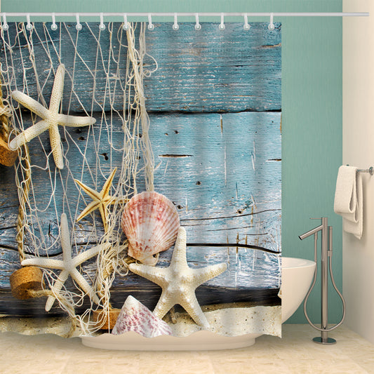 Board Starfish Shower Curtain Blue Woodprint Board Beach Bathroom Curtains