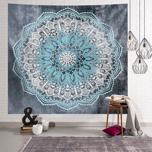Boho Flowers Feathers Blue Mandala Tapestry