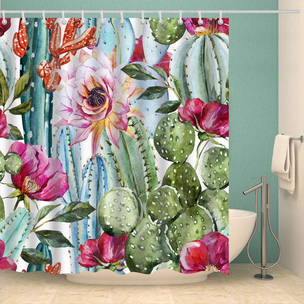 Boho Watercolor Cactus Seamless Shower Curtain
