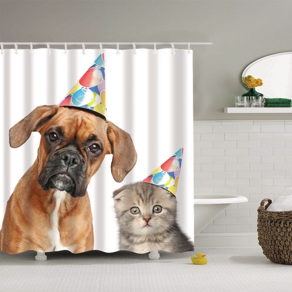 Boxer Dog and Scottish Fold Cat in Party Cap Shower Curtain Pet Birthday