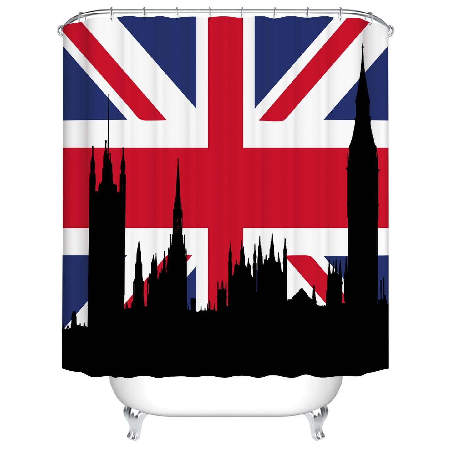 British Flag Union Jack Shower Curtain with Black City Buildings