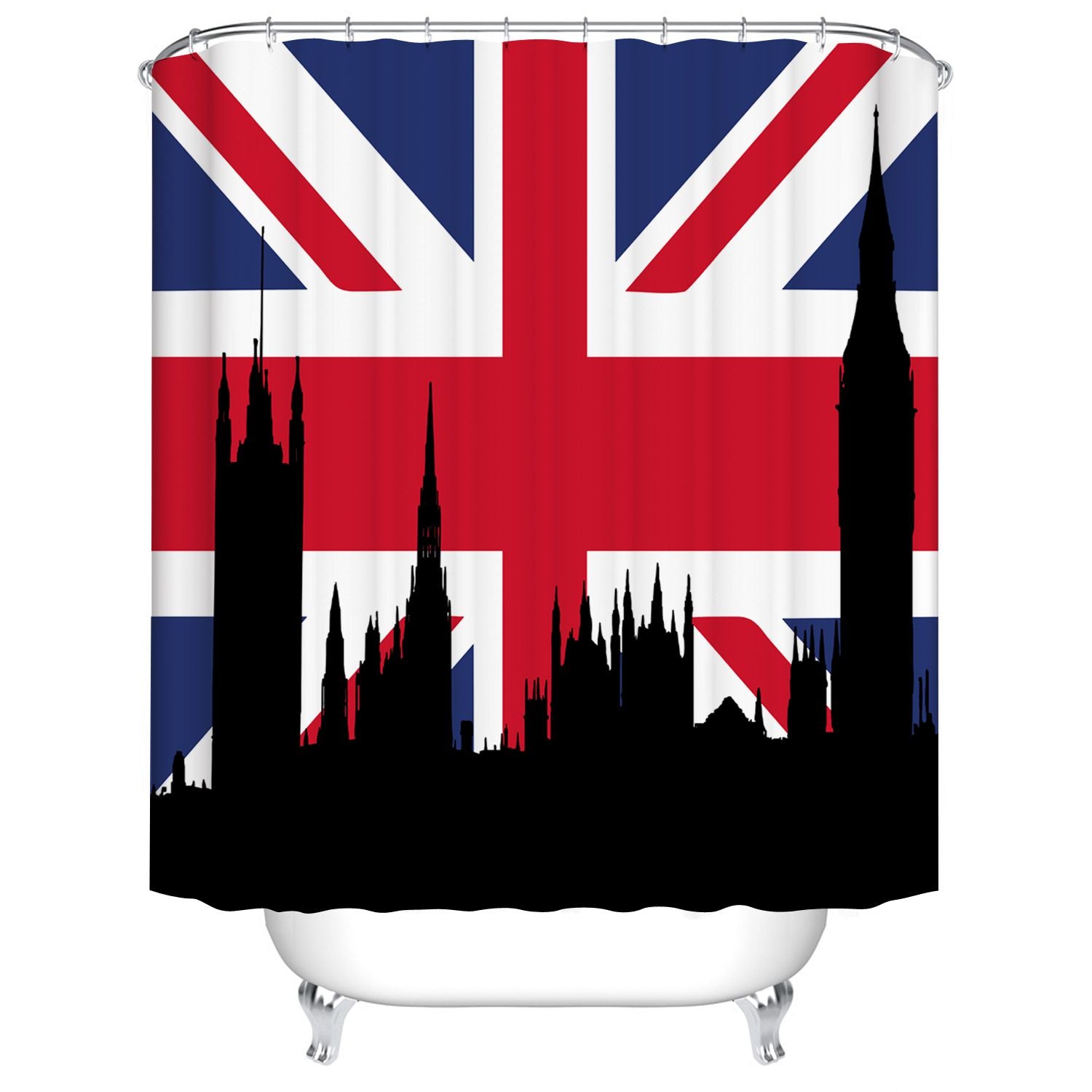 British Flag Union Jack Shower Curtain with Black City Buildings