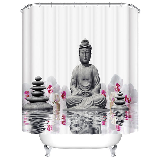 Buddha Statue Shower Curtain with Zen Stone and Lotus