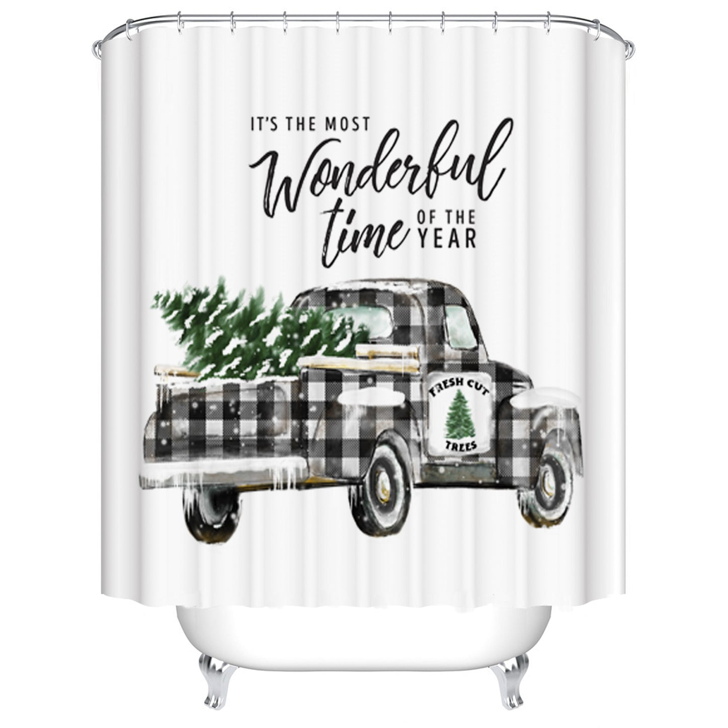 Buffalo Plaid Wonderful Christmas Holiday Grey Truck Shower Curtain