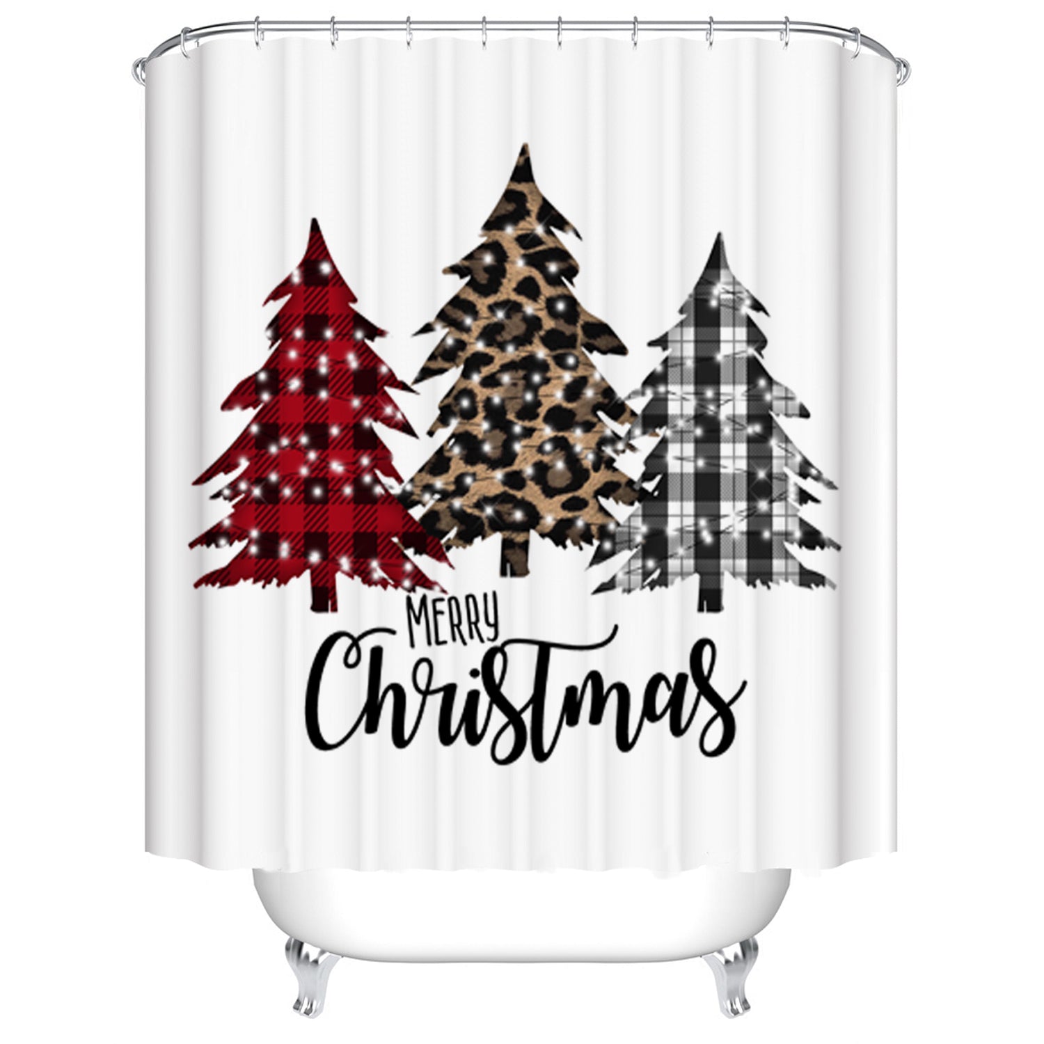 Buffalo Plaid with Leopard Print Christmas Tree Shower Curtain