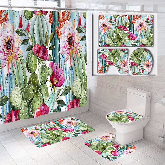 Boho Succulent Cactus Shower Curtain Set - 4 Pcs