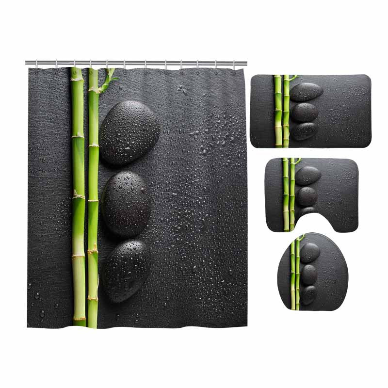 Black Zen Stones with Green Bamboo Shower Curtain Set - 4 Pcs