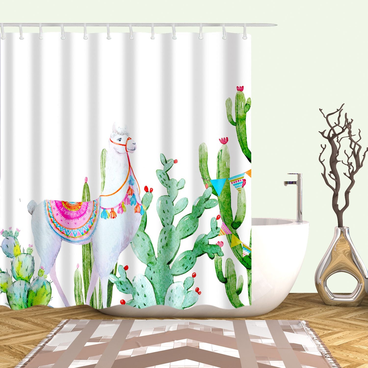 Whimsical Cute Llama Cactus Shower Curtain