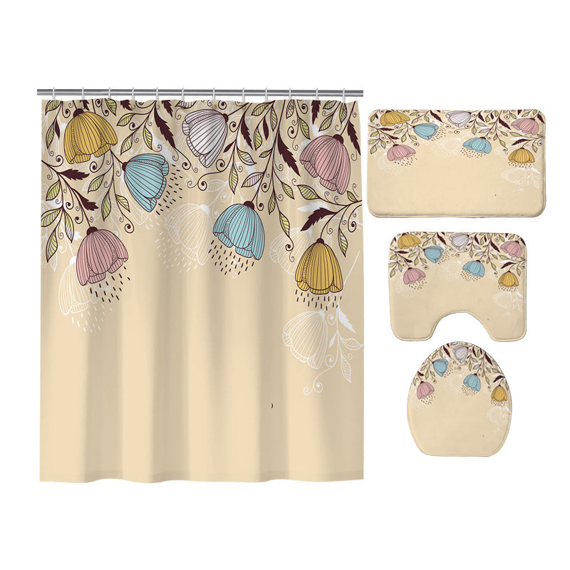 Blue and Brown Inverted Flowers Shower Curtain Set - 4 Pcs
