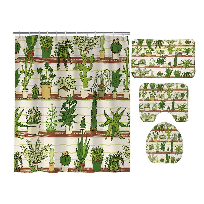 Cactus Houseplant Botanical Plant Shower Curtain Set - 4 Pcs