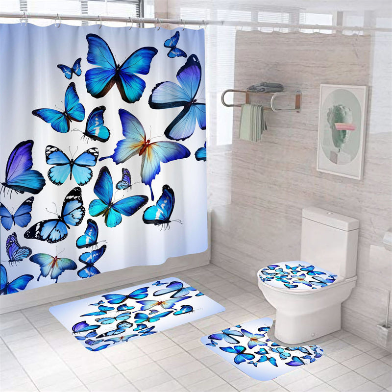 Black Blue Butterfly Shower Curtain Set - 4 Pcs