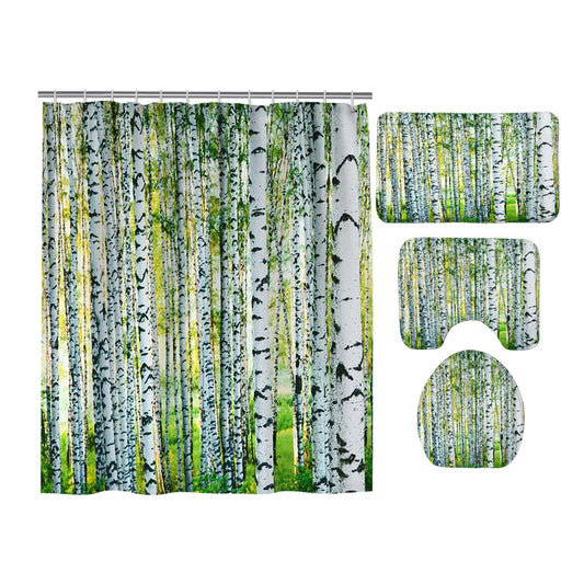 Green Forest Silver Birch Tree Shower Curtain Set - 4 Pcs