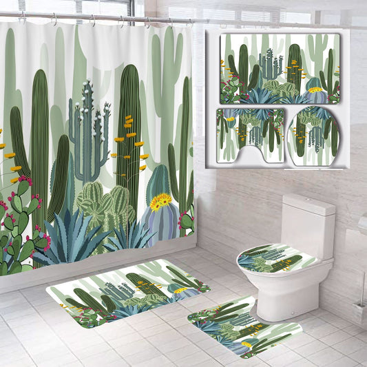 Family Cacti Plants Succulents Shower Curtain Set - 4 Pcs