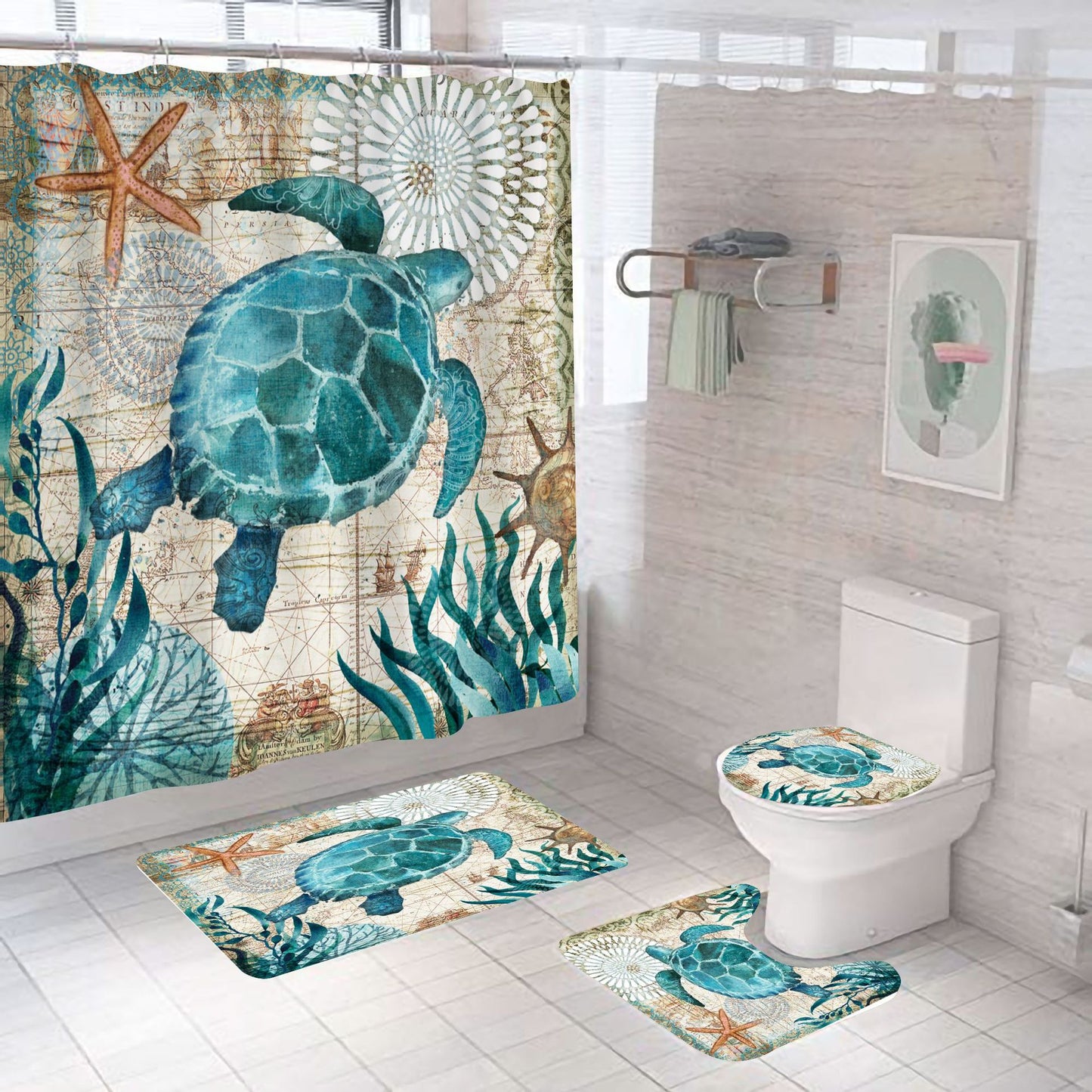 Ancient Green Sea Turtle Shower Curtain Set - 4 Pcs