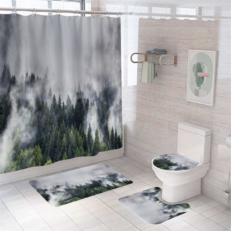 Pine Forest Shower Curtain Set - 4 Pcs, Misty Fog On Mountain Bathroom ...