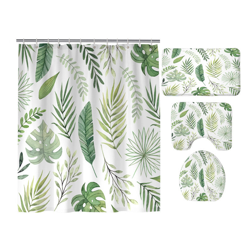 Summer Tropical Seamless Green Palm Fern Leaves Shower Curtain Set - 4 Pcs