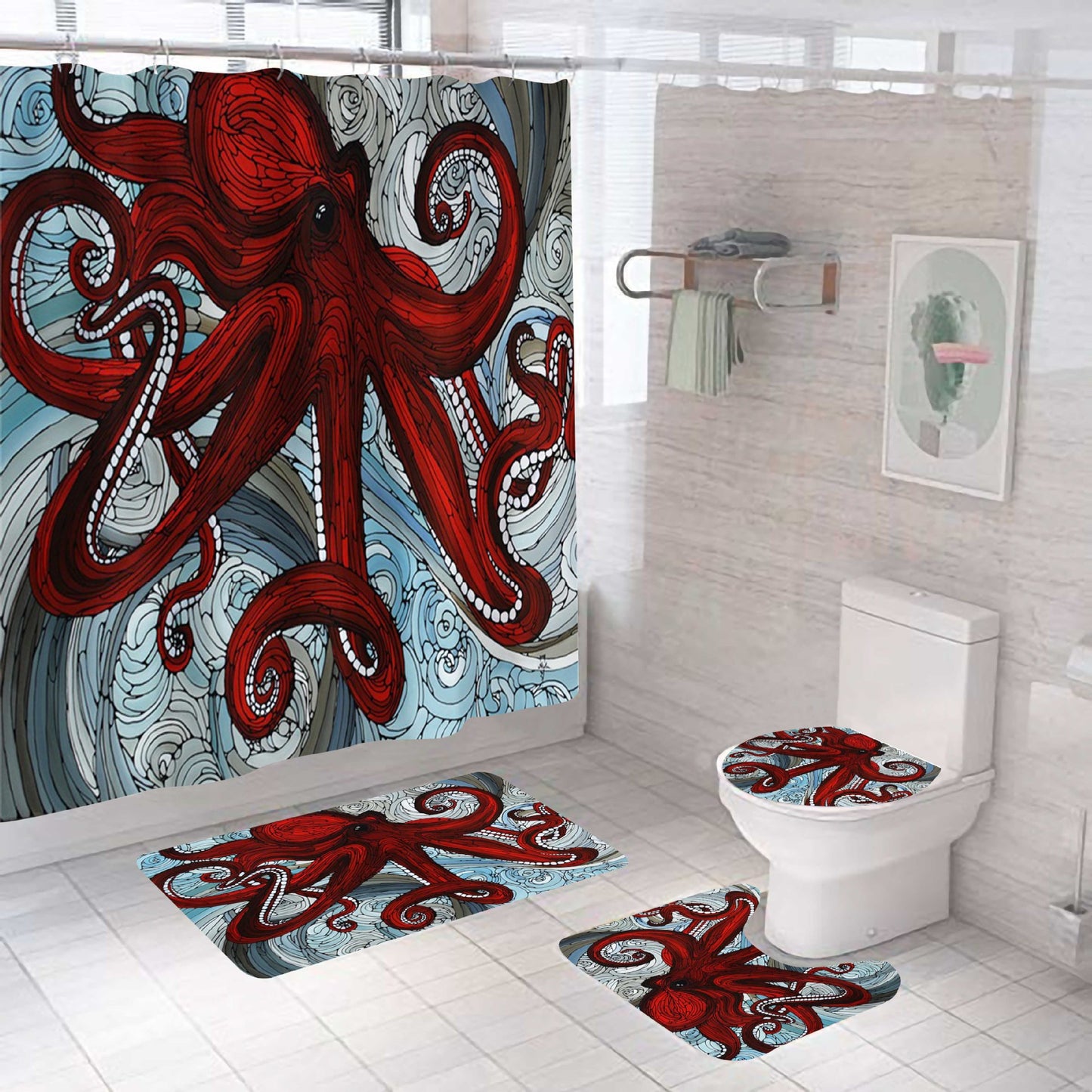 Colossal Red Octopus Shower Curtain Set - 4 Pcs
