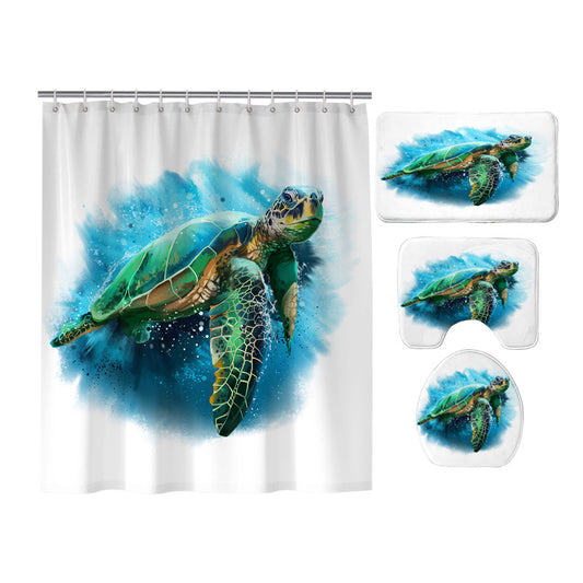 Reallife Coral Watercolor Sea Turtle Shower Curtain Set - 4 Pcs