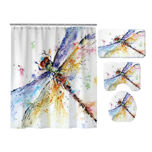 Colorful Oil Painting Dragonfly Shower Curtain Set - 4 Pcs
