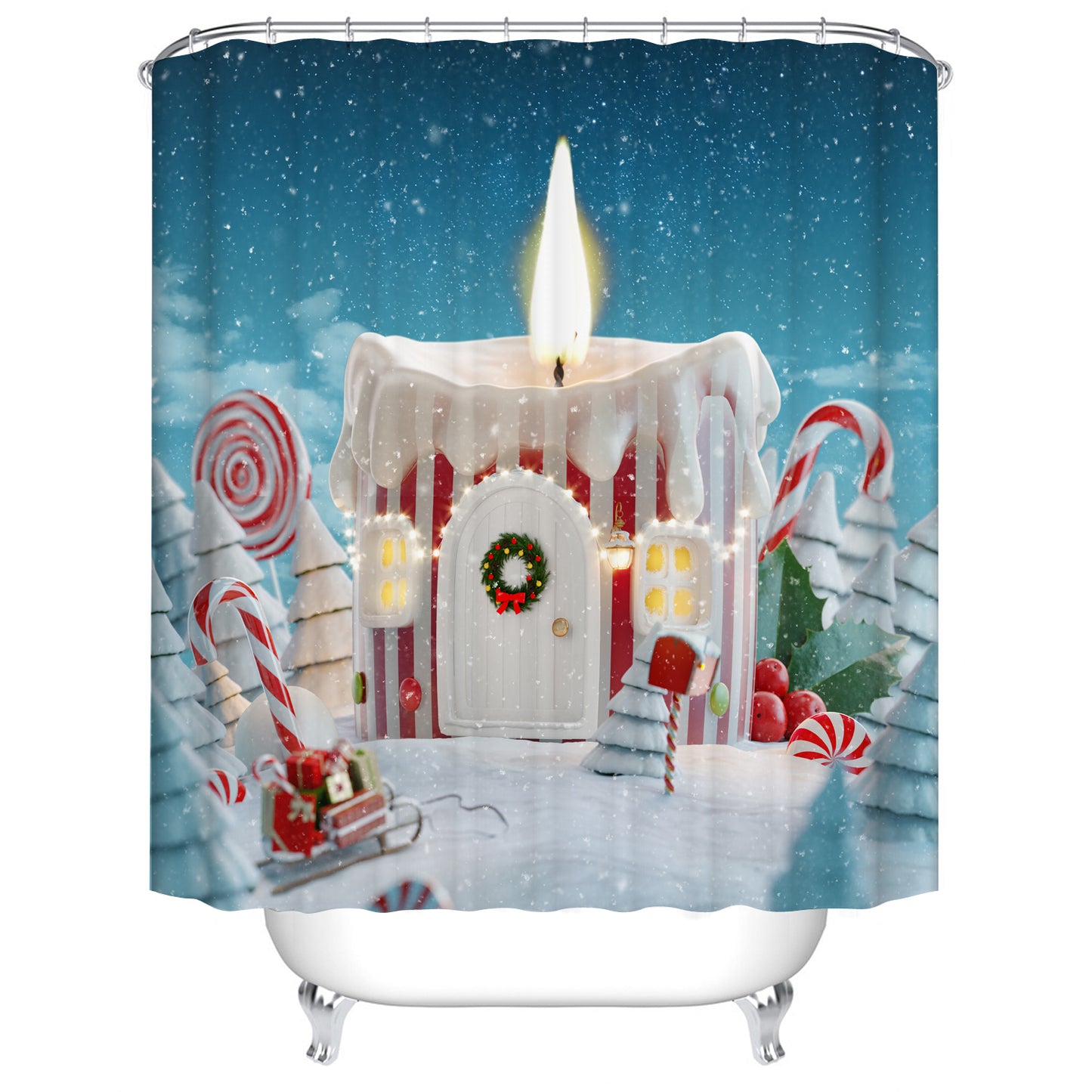 Candle Shaped House with Lights with Candy Canes Magical Christmas Candle Shower Curtain