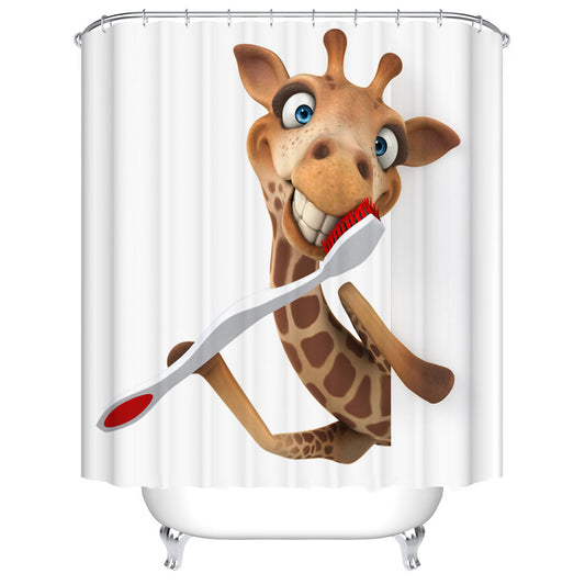 Cartoon Animal Morning Brushing Teeth Funny Giraffe Shower Curtain
