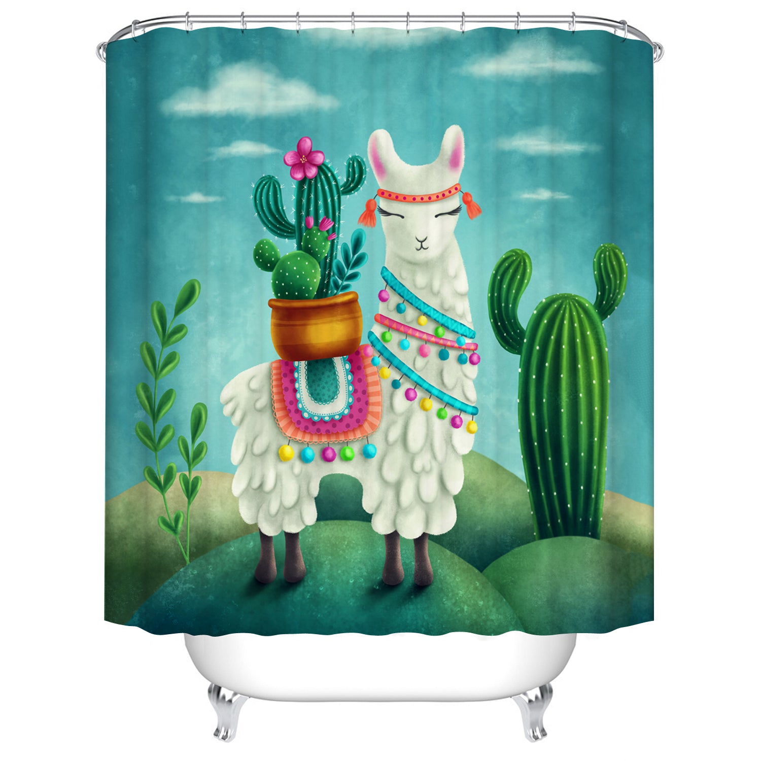 Cartoon Tribal Alpaca Llama Cactus Shower Curtain with Pot of Cactus Plant