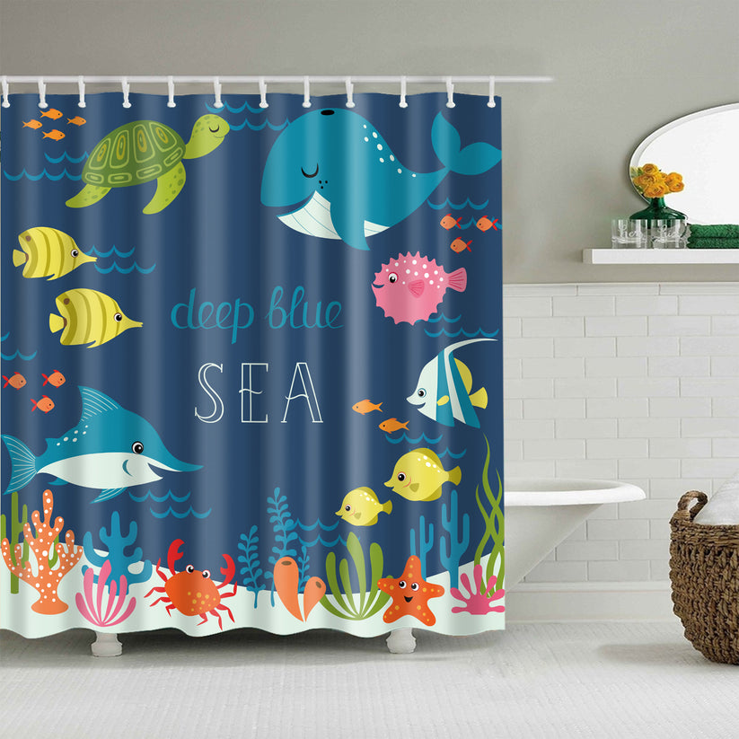 Cartoon Design Deep Blue Ocean Creatures Kids Shower Curtain | GoJeek