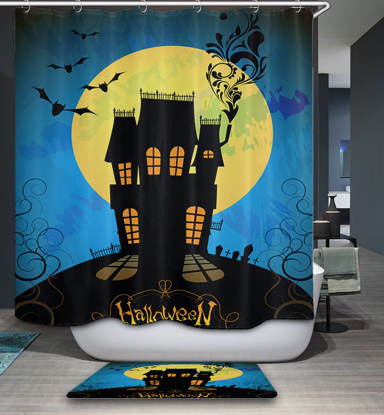 Cartoon Halloween Night Scary Moon with Bats Castle Shower Curtain