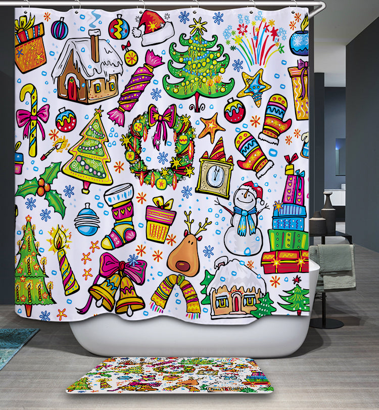 Cartoon Kids Colorful Christmas Ornament Painting Shower Curtain